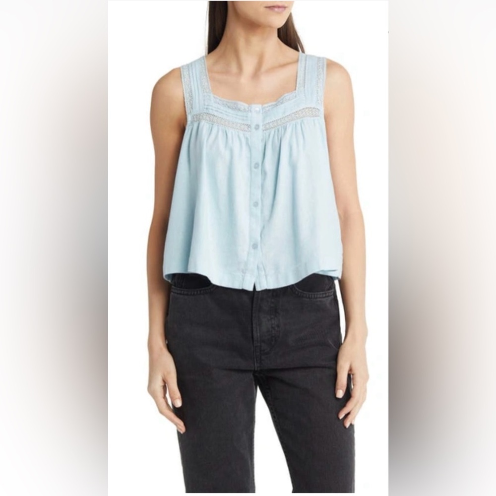 New Treasure & Bond Lace Trim Linen Blend Top in Winter Blue size Large